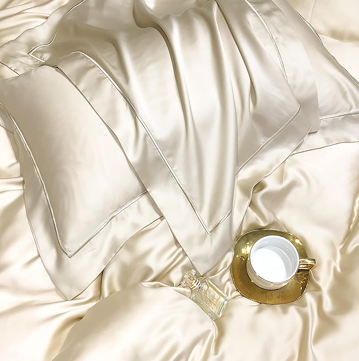 Satin Duvet Cover,Luxury Silky Comforter 4 Piece Bedding with Zipper Closure and Corner Ties Suitable for Bedroom Rooms and Various (Champagne Gold King) (Champagne Gold Full)