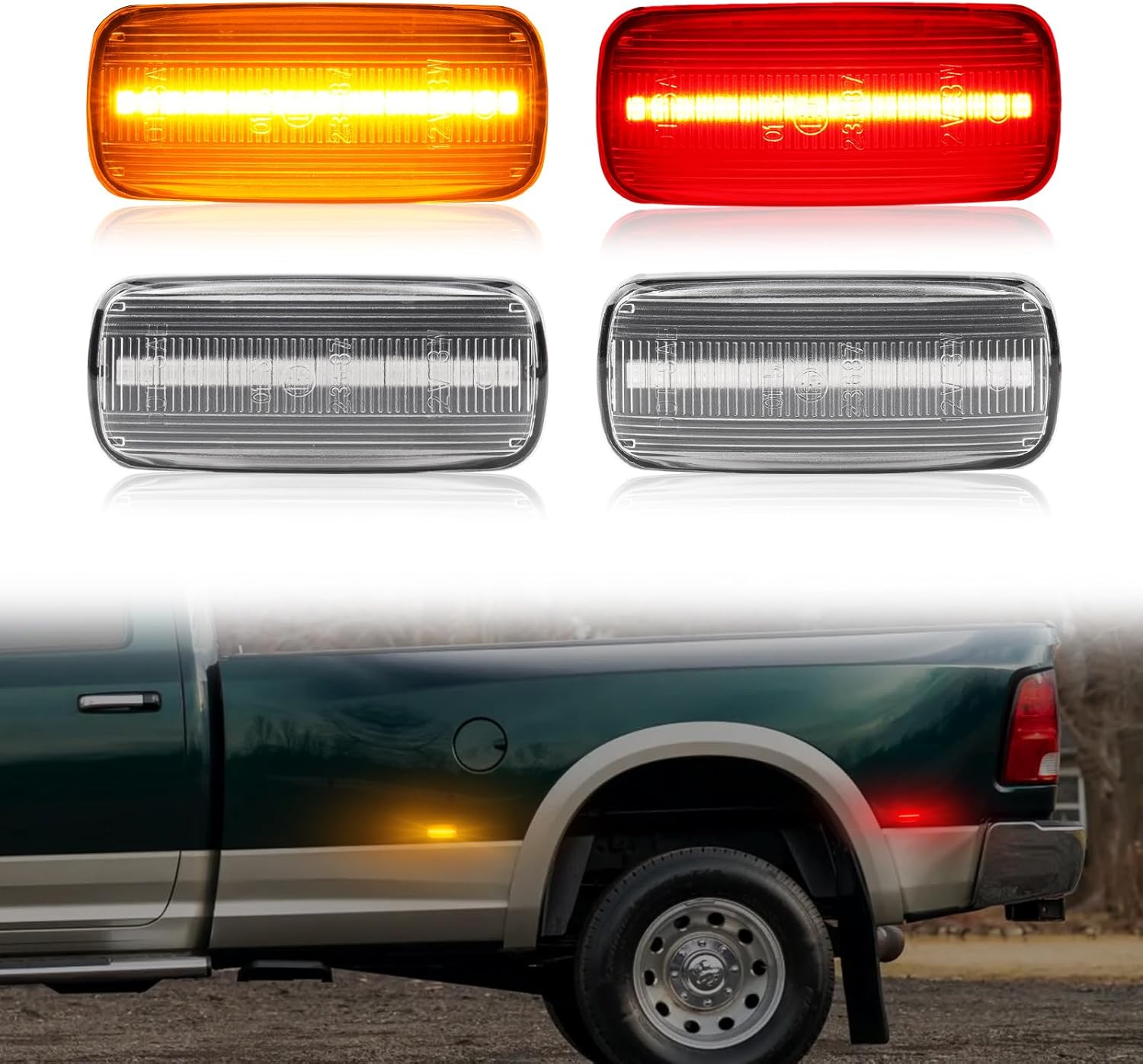 4PCS LED Dually Fender Side Marker Lights for 2010-2017 Ram1500 2500 3500, Amber Front Red Rear Fender Bed Side Marker Lights, Double Wheel Side Fenders Light, Clear Lens