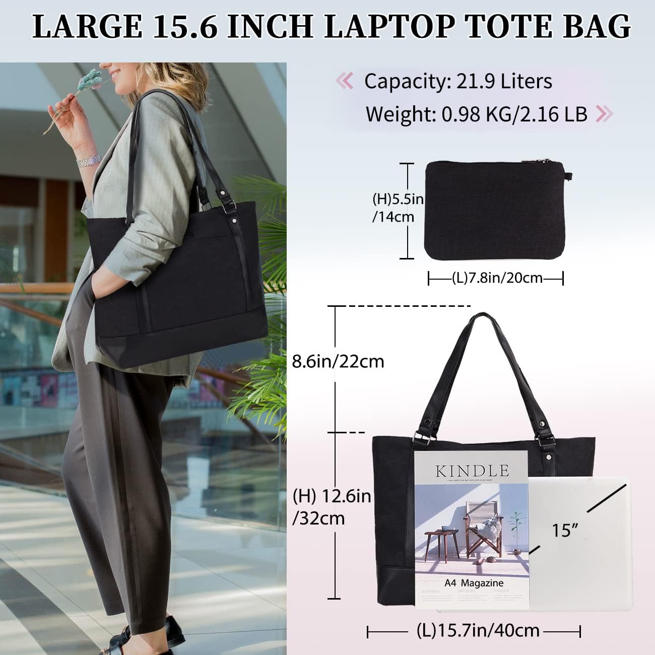 Laptop Tote Bag for Women, 15.6 Inch Computer Shoulder Bag Teacher Work Bag Travel Purse with Small Pouch VONXURY - Image 3