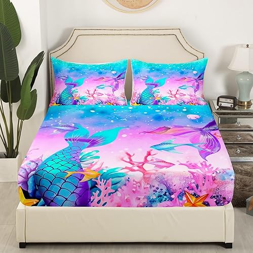 Miniatura 2 de Erosebridal Sábanas de sirena tamaño individual para niñas, diseño de galaxia rosa, océano y mar, juego de ropa de cama de peces coloridos, juego de