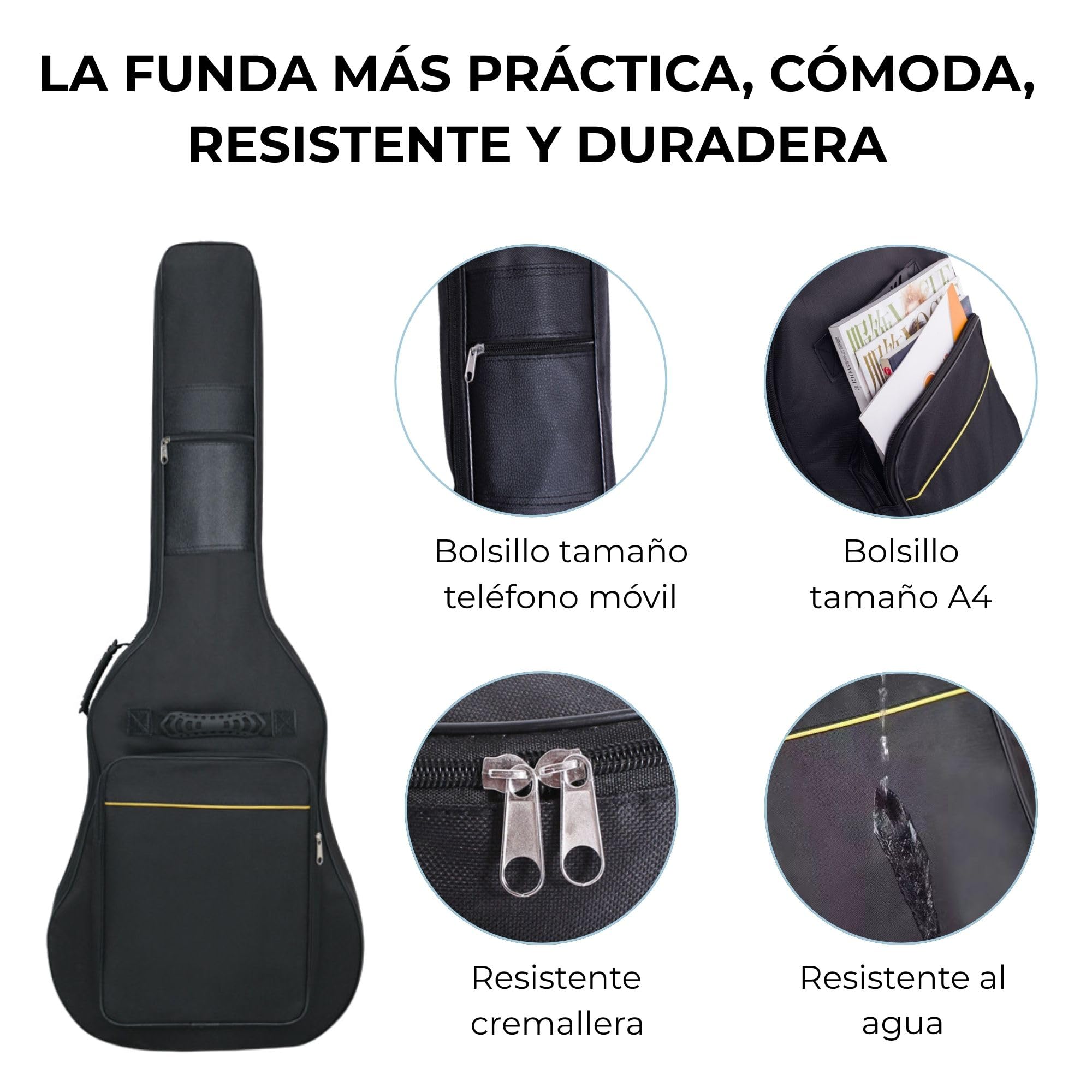 Funda Guitarra española, o acústica – Kit Completo con paño y 3 púas – Protección Acolchada, Ligera y Resistente – Ideal para Empezar cuidando tu Guitarra (Funda de Guitarra Universal, 1)