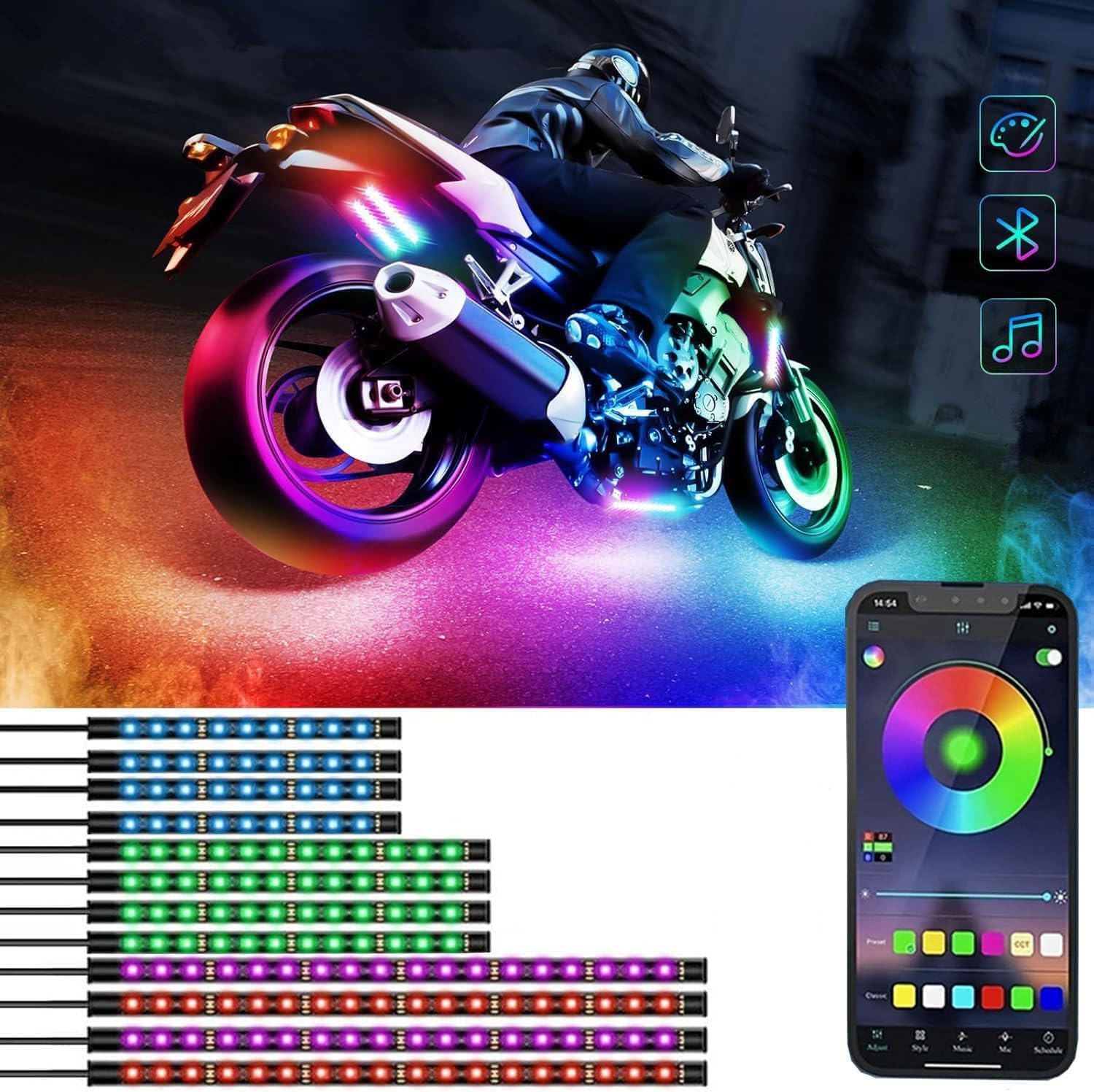 12 Pcs Motorcycle LED Light Kits, App Control Multicolor Waterproof RGB LED Strip Lights, Music Sync & Multiple Scene Modes for Motorcycles, DC 12V