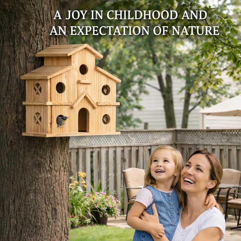 Bird Houses for Outside, Wooden 6 Hole Birdhouse Room for 6 Birds Families, Bluebird Finch Outdoor Hanging Bird House for Garden Backyard Patio