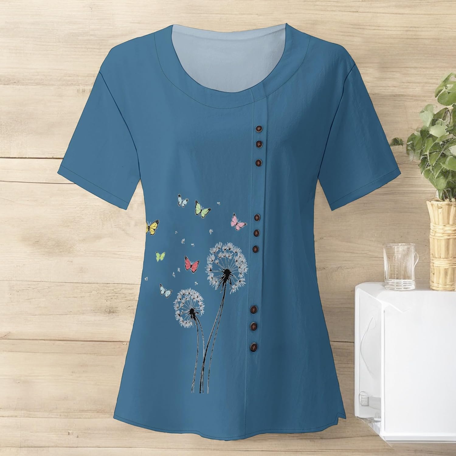 MARSVOVO Women's Linen Cotton Dandelion Shirts Summer Beach Short Sleeve Casual Loose Comfy Blouses Tunic Tops Plus Size - Image 4