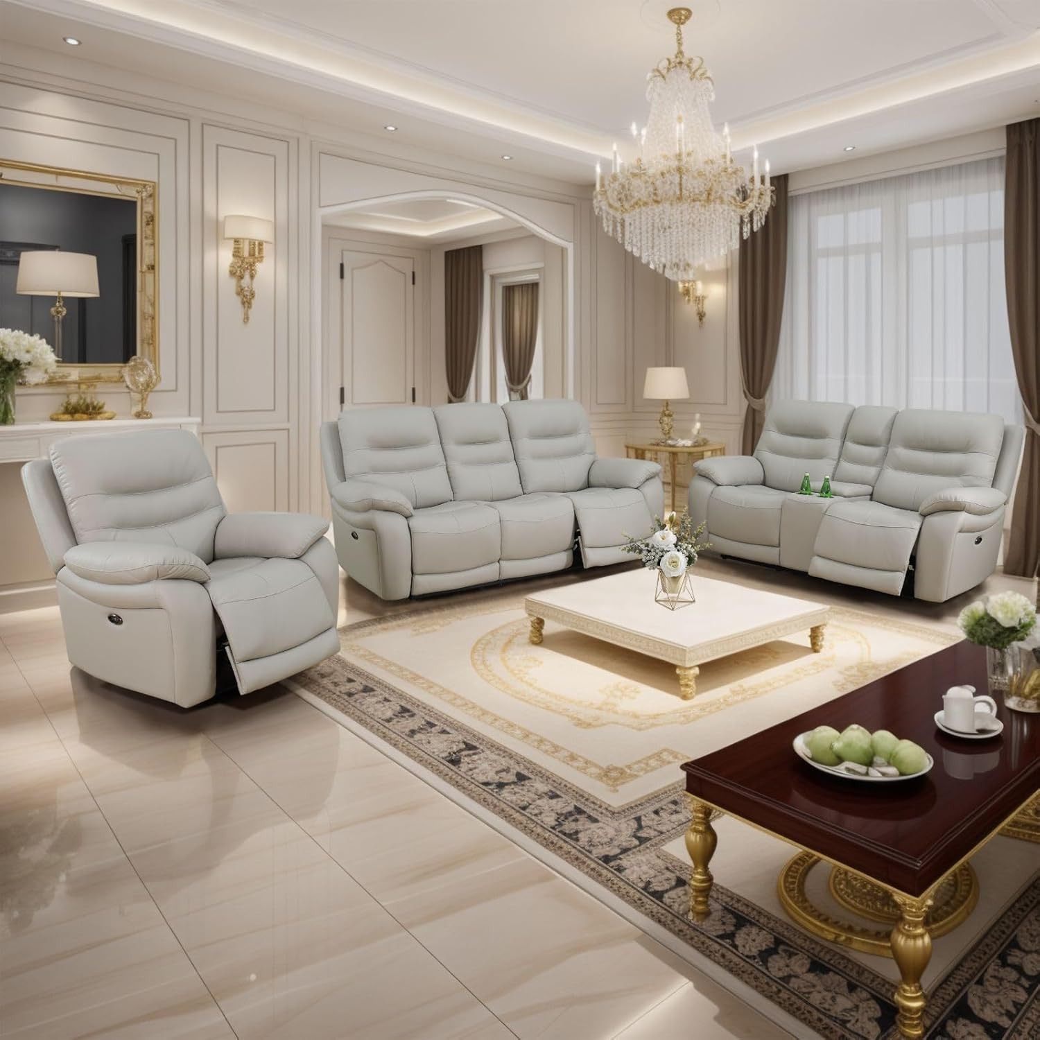 A Ainehome Power Recliner Sofa Set, Leather Sofa Set, Living Room Furniture Set with USB Chargers Leather Recliner Sofa for Living Room/Apartment/Office/Home Theather (Grey/3 Pieces Set)