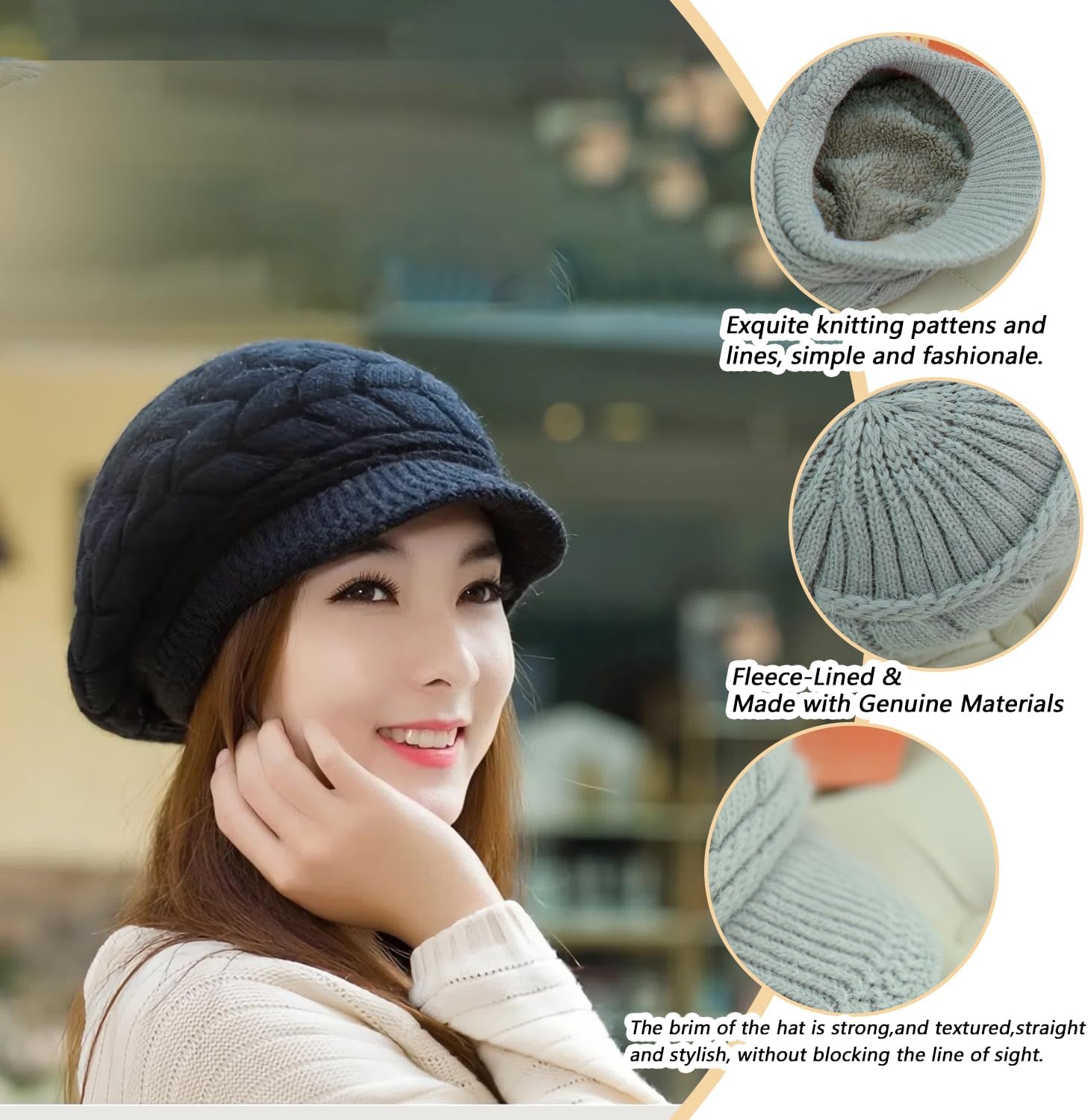 Women’s Winter Knit Hat with Visor Thick Warm Beanie Hat Plush Lined Snow Ski Outdoor Cap Crochet Newsboy Cap (Beige) - Image 3