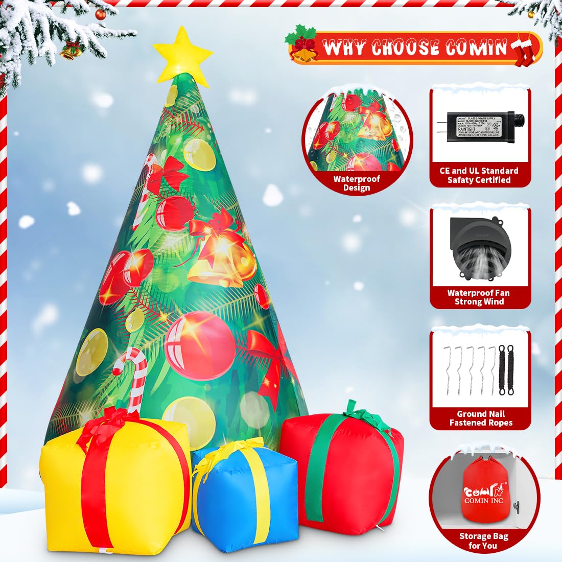 COMIN Bonhomme de neige gonflable de Noël avec une boîte, décoration de cour gonflable avec lumières LED intégrées pour les vacances, les fêtes, Noël, la cour, le jardin