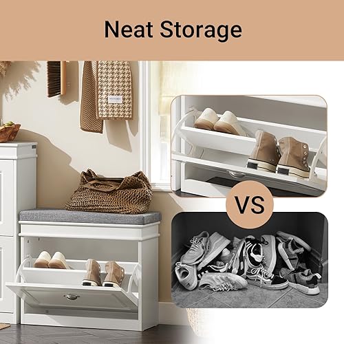 Miniatura 4 de Haotian White Hallway Shoe Bench, Narrow Shoe Rack Entryway, Small Shoe Cabinet with 1 Flip-Drawer and Seat Cushion, FSR82-K-W Blanco,Negro