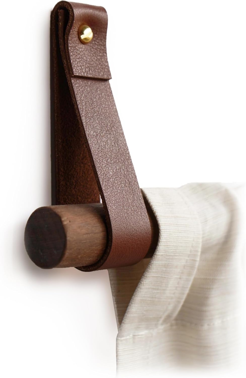 Keyaiira 2PK Genuine Leather Sustainably Sourced The Original Wall Strap - Decorative Curtain Rod Holder Bracket wall Mount Hanging Display Loop, oars, Blankets, Macrame (Walnut, Brass Screws)