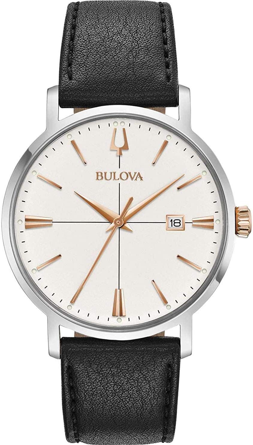 Bulova Classic Aerojet 98B254 - Orologio design con cinturino in pelle, Uomo, nero/inserti, colore oro rosa