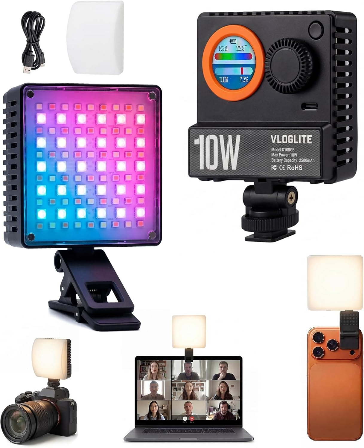 10W Ultra Bright Portable Selfie LED Light,Pocket RGB Camera Light with Phone Clip,Cold Shoe and Magnetic Diffuser for Selfie, vlogging and Photography