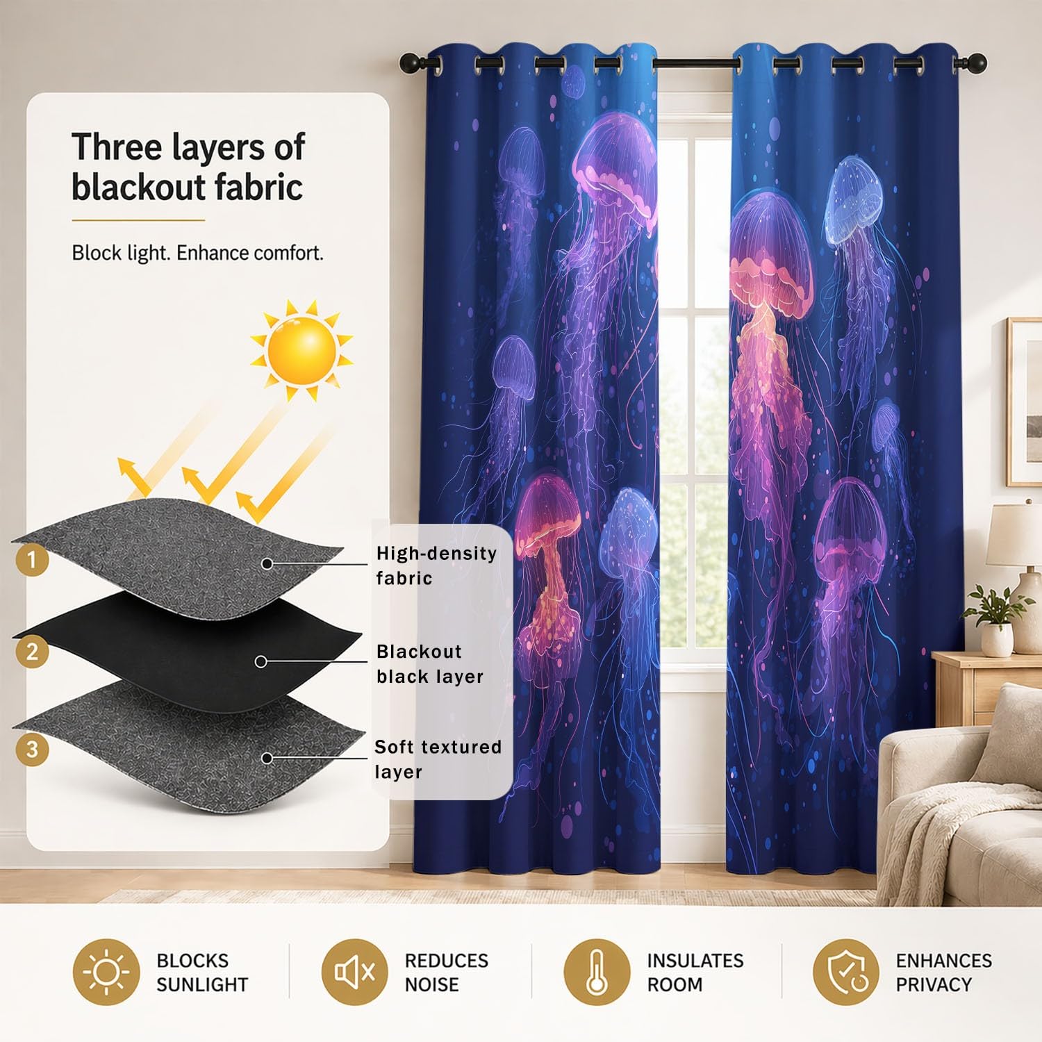 Générique Rideaux Occultants Isolants 117L X 137H cm, Méduse bioluminescente, poussière étoile Bleue Rideaux Thermiques pour Chambre et Salon, Nautique Mystique Phoniques, Rideaux à Œillets