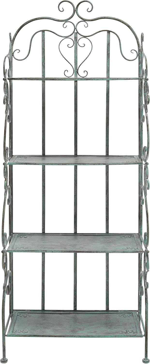 SAFAVIEH Outdoor Collection Tyrique Victorian Antique Dark Green Wrought Iron 4-Tier Shelf Unit