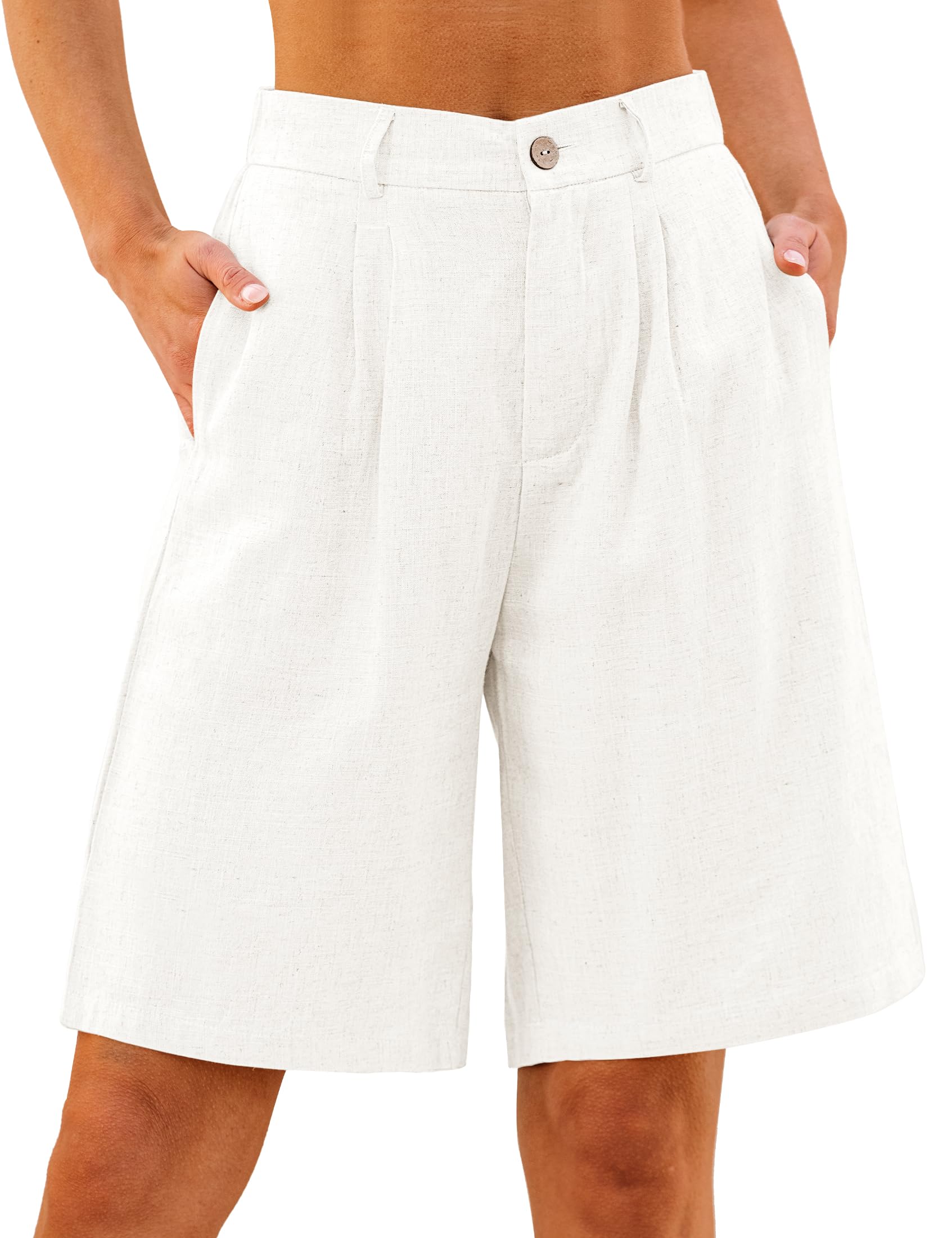 luvamia Bermuda Shorts for Women High Waisted Linen Dressy Casual Pleated Wide Leg Summer Shorts with Elastic Waist