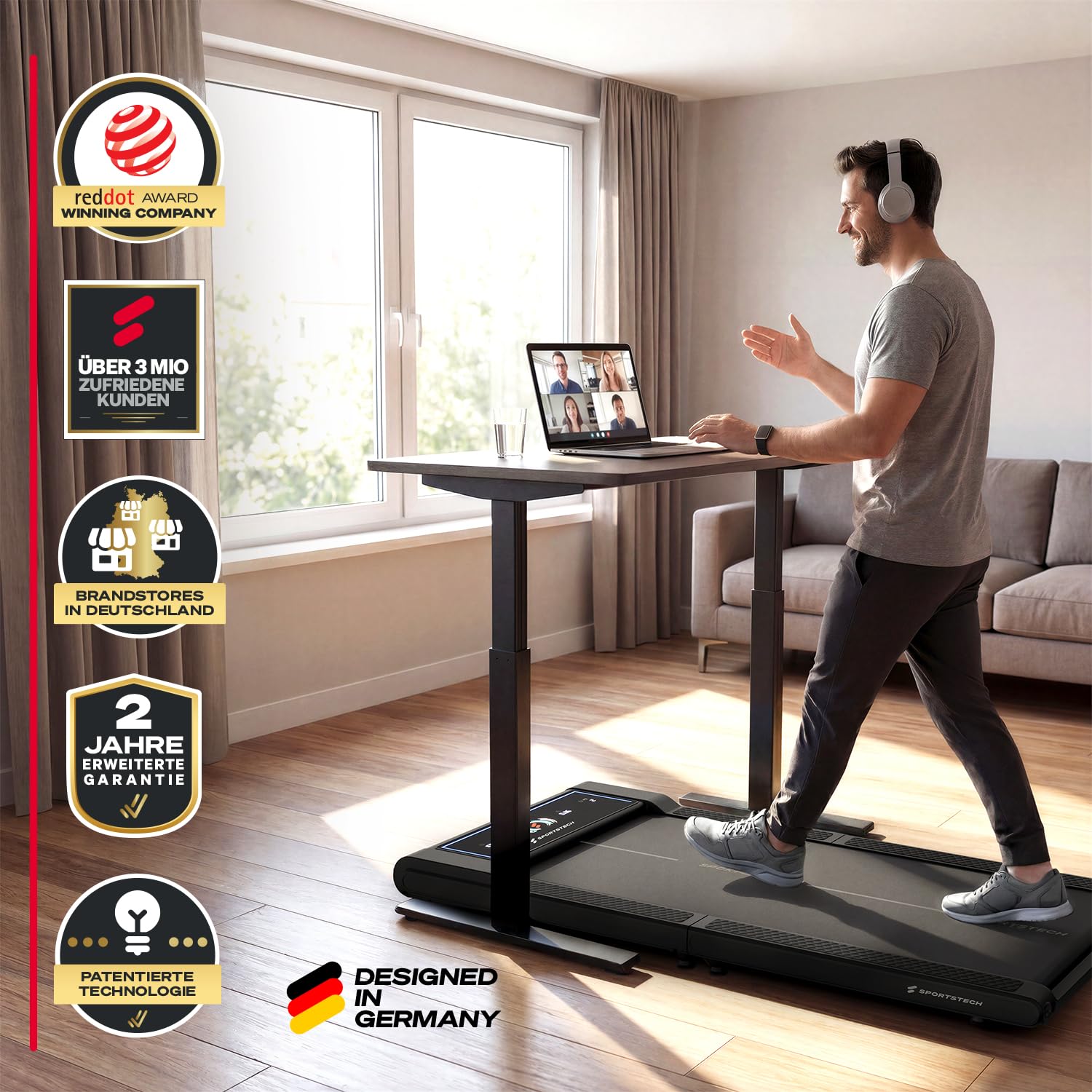 Sportstech Walking Pad sWalk Fold, Laufband für Zuhause Klappbar mit LED-Beleuchtung, App-Steuerung, bis 6 km/h, kompakt mit Transportrollen, leises Treadmill, Home Office & Schreibtisch, bis 150 kg