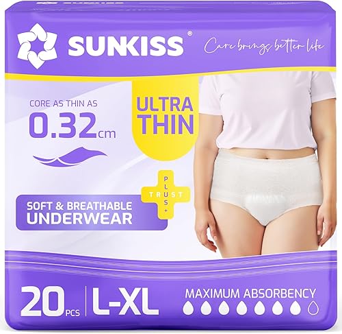 SUNKISS Ropa interior ultrafina para incontinencia para mujer, alta absorción y pañales posparto súper suaves, desechables para adultos, talla L/XL,