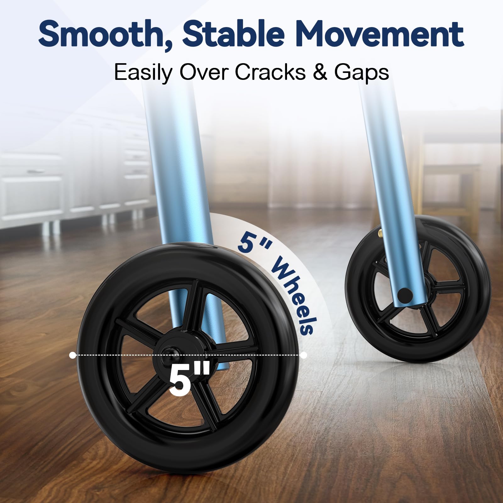 Walkers for Seniors, Folding Walker with Wheels and 2 Skis, Lightweight Rolling Walker Supports Up to 350 Pounds, Adjustable Height, Adult Compact Standard Walkers with Aluminum Frame, Blue