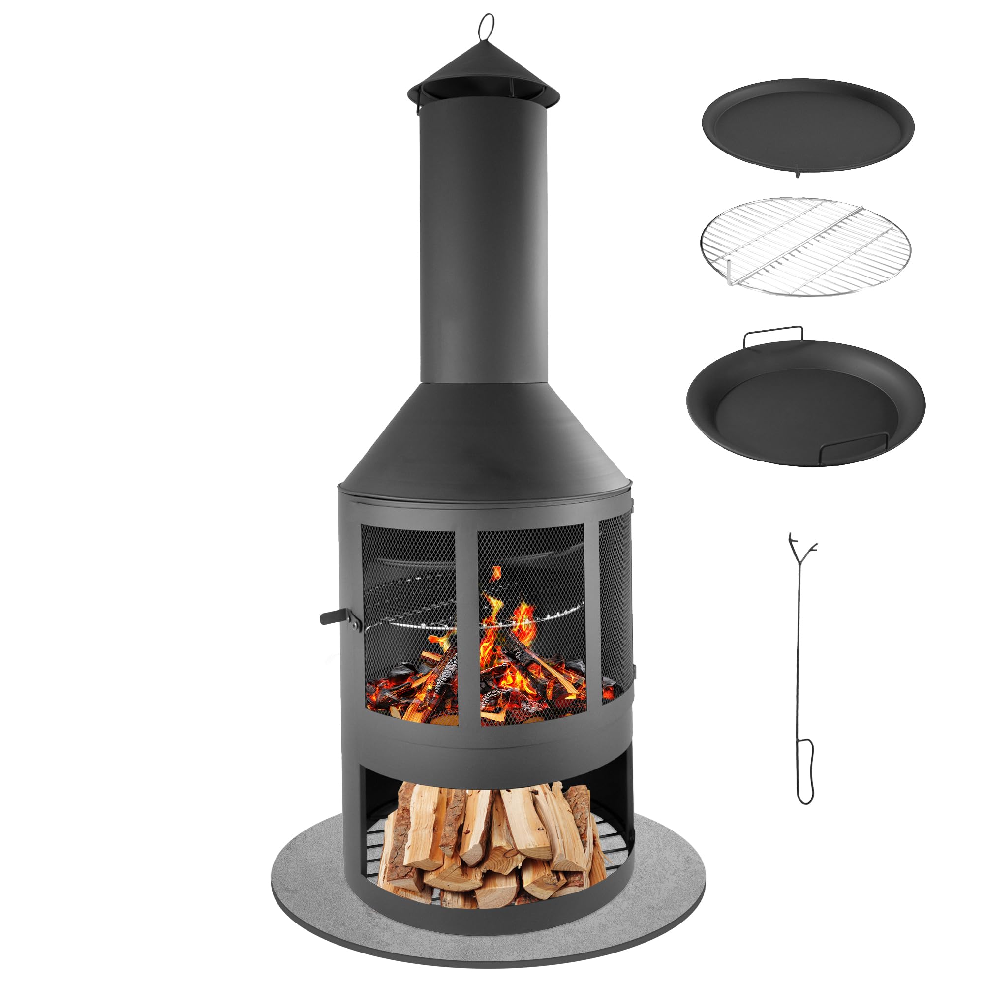 NATIV Cheminée de jardin avec grille de cuisson et poêle, orientable, grille de protection contre les étincelles, noir