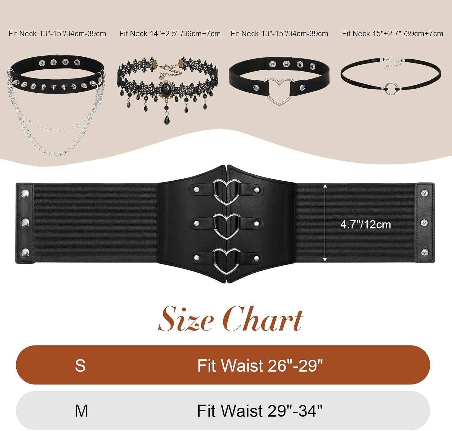 Women Corset Belt With Black Choker Set，Heart-Ring Wide Elastic Waist Corset for Daily Cosplay Halloween Costume