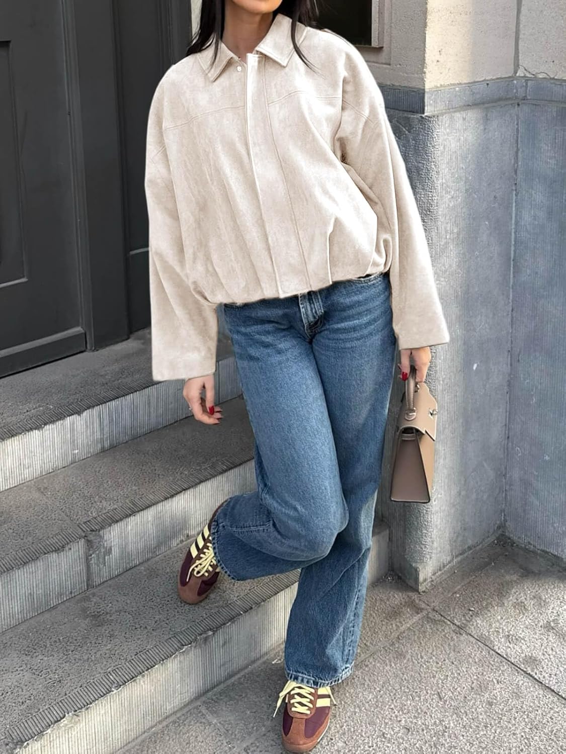 Cicy Bell Womens Faux Suede Bomber Jackets Oversized Cropped Zip Up Lapel Coats Fall Casual Outerwears - Image 3