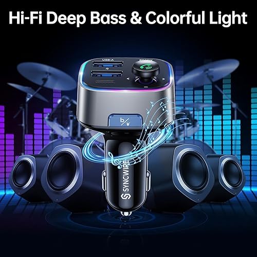 Miniatura 5 de Syncwire Bluetooth 5.4 Transmisor FM Adaptador para Coche 48W (PD 36W y 12W) [Interruptor de luz] [Bajo Profundo HiFi] [Carga Rápida] Adaptador