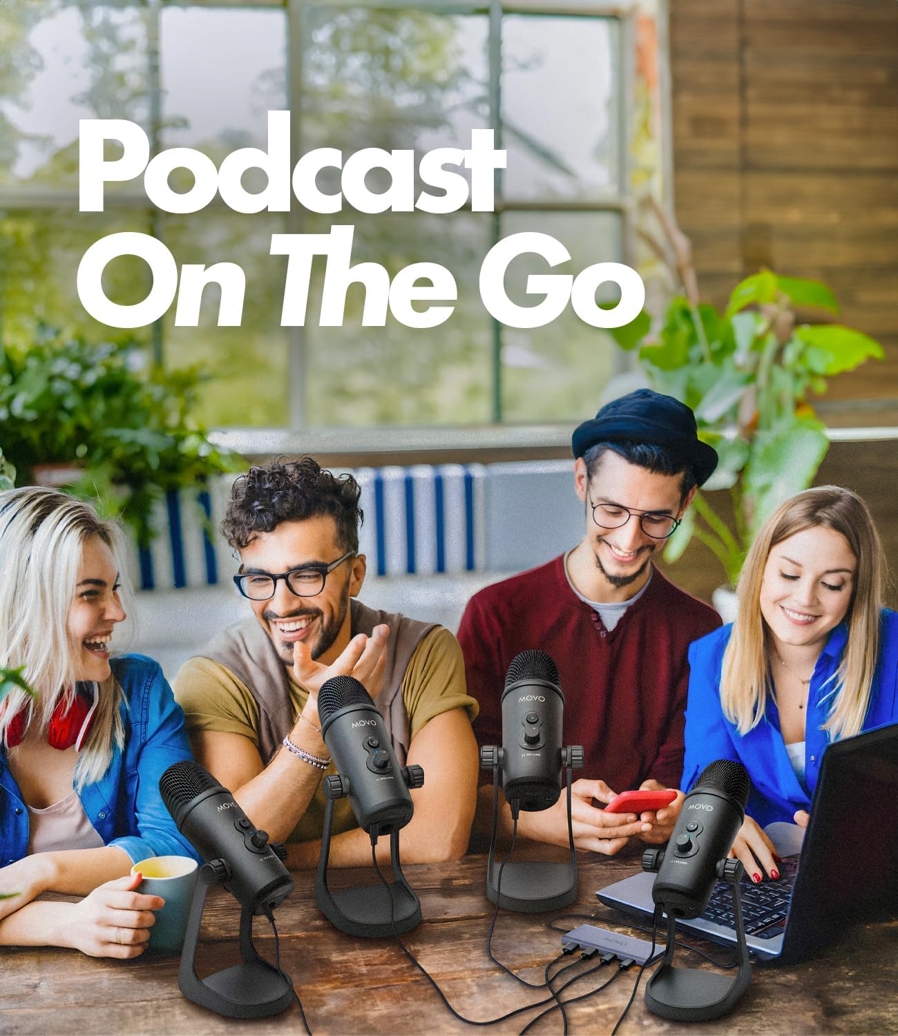 Movo USB Podcast Equipment Bundle for 4 – USB Interface with 4 UM700 Condenser Microphones – 4-Port Powered Hub for Streaming, Podcasting, Interviews - Image 4