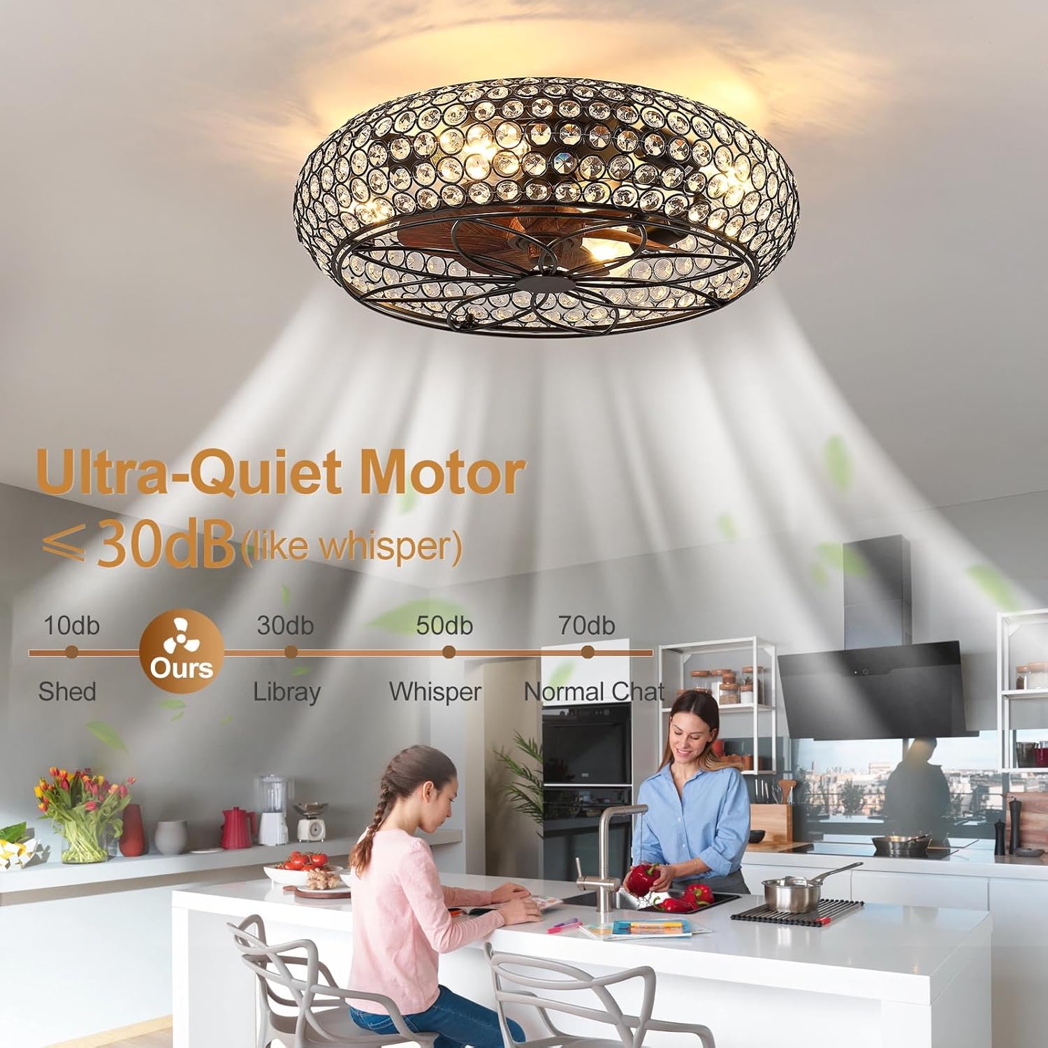 Modern Chandelier Crystal Ceiling Fans with Lights and Remote, 20-Inch Low Profile Bladeless Flush Mount Caged Ceiling Fan for Bedroom, Kitchen,Living Room,Small Ceiling Fan with Light with 6 Speed