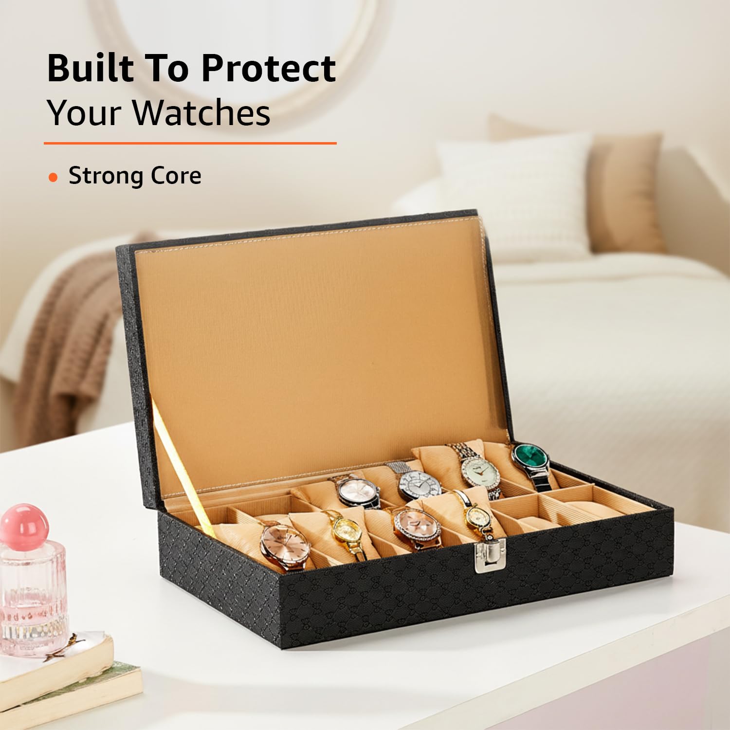 Unisex Faux Leather Watch Organiser Box with 12 Slots |Watch Organiser|33.5LX20.5BX8H cm| Black 2