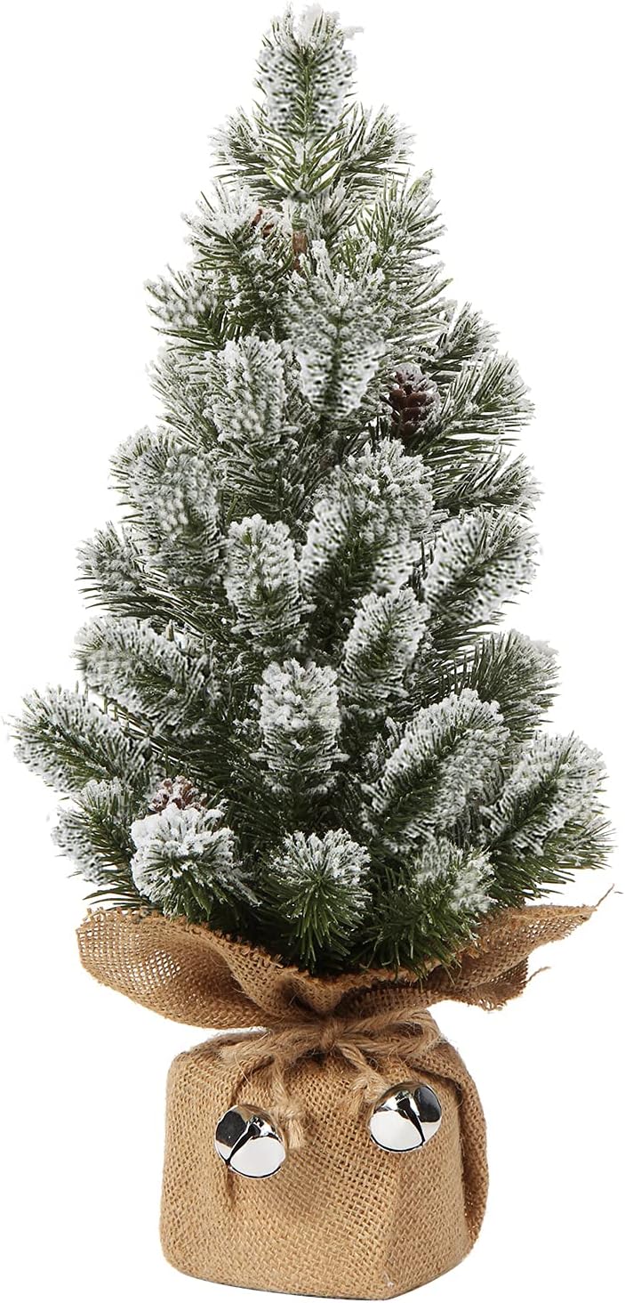 Oairse Mini Christmas Tree, 16 Inch Small Artificial Pine Cones Silver Bell Snow-Covered Tabletop Christmas Tree