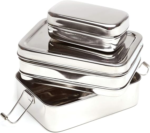 ECOlunchbox Three-in-One Stainless Steel Bento Box, 31 oz 3-Piece Nesting | 100% plastic-free stainless steel; 3 nesting containers clip together; not leak-proof; school, work & meal prep