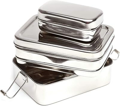 ECOlunchbox Three-in-One Stainless Steel Bento Box, 31 oz 3-Piece Nesting | 100% plastic-free stainless steel; 3 nesting containers clip together; not leak-proof; school, work & meal prep