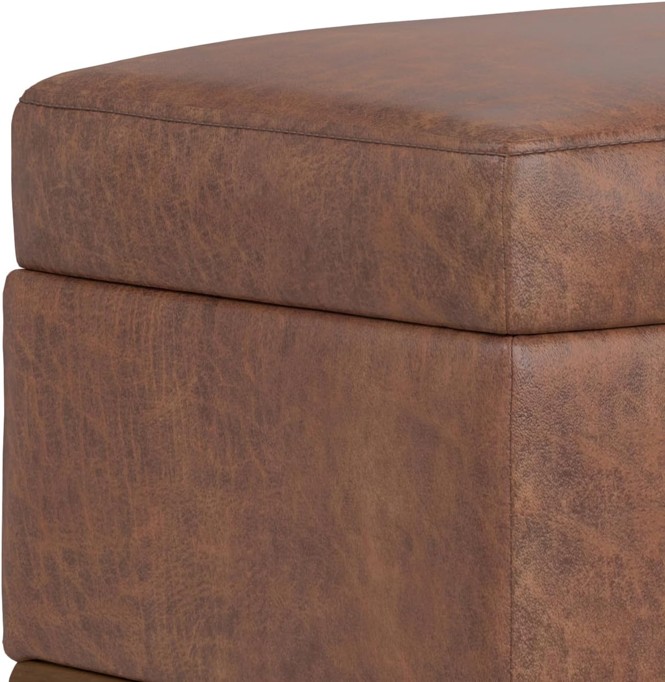 SIMPLIHOME Shiloh 26 inch Wide Transitional Contemporary Small Storage Ottoman in Distressed Saddle Brown Vegan Faux Leather, Assembled, for The Living Room, Entryway and Family Room