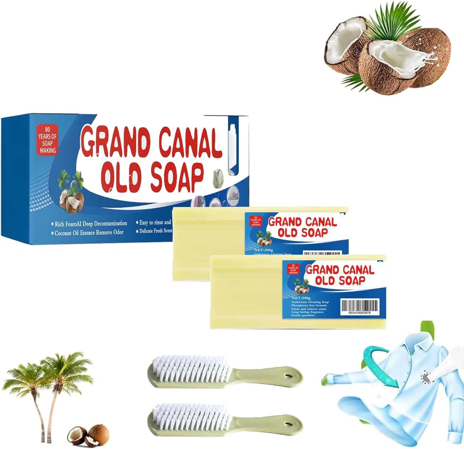 Grand Canal Old Soap with Brush, Grand Canal Soap, Grand Canal Soap Bar for Stains, Magic Soap Bar Stain Remover (2pcs)