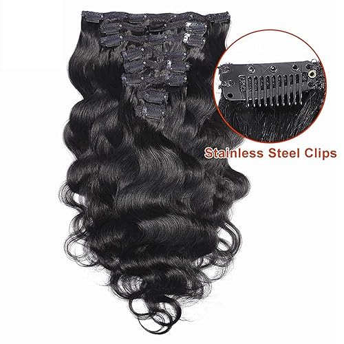 Miniatura 2 de Extensiones de cabello brasileño #1B natural 10A ondulado 100% sin procesar, cabello humano virgen barato 8 piezaslote 4.41 oz con 16 clips (22")