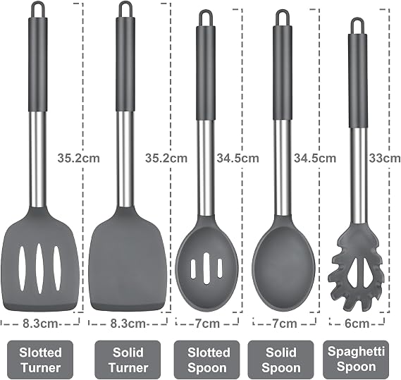 Herogo 5 Pieces Kitchen Utensils Set with Stainless Steel Handle - Grey