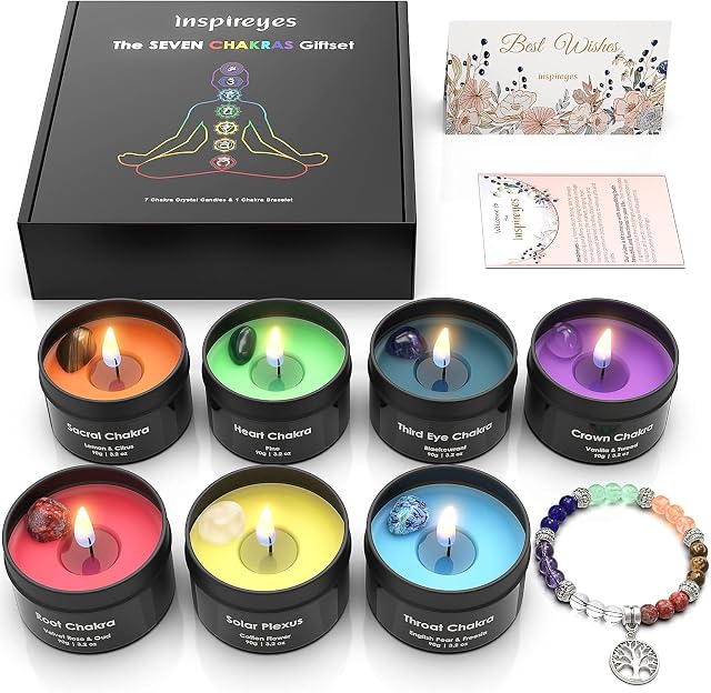 Chakra Candles with Premium Crystal and Healing Stones Luxury Meditation Scented Candles Gift Set for Women Stress Relief Spiritual Decor Healing Candles for Yoga, Aromatherapy