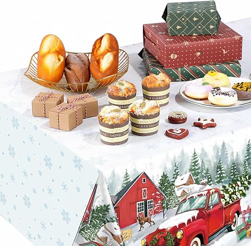 Miniatura 7 de Tiamon 3 Pack Christmas Red Truck Tablecloths Decoration Plastic Xmas Party Table Covers Retro Merry Christmas Tree Farm Print Party Supplies for