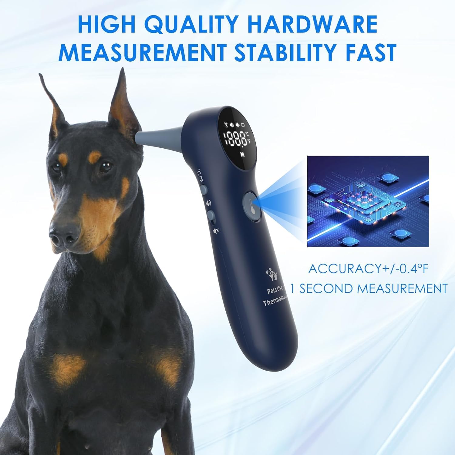 Pet Ear Thermometer for Dogs, Cats, and Livestock, Long Probe Designed, ℃/ ℉ Convert and Sound Switch Dedicated Button, 1 Second Measurement, 20 pcs Pet Swabs Included