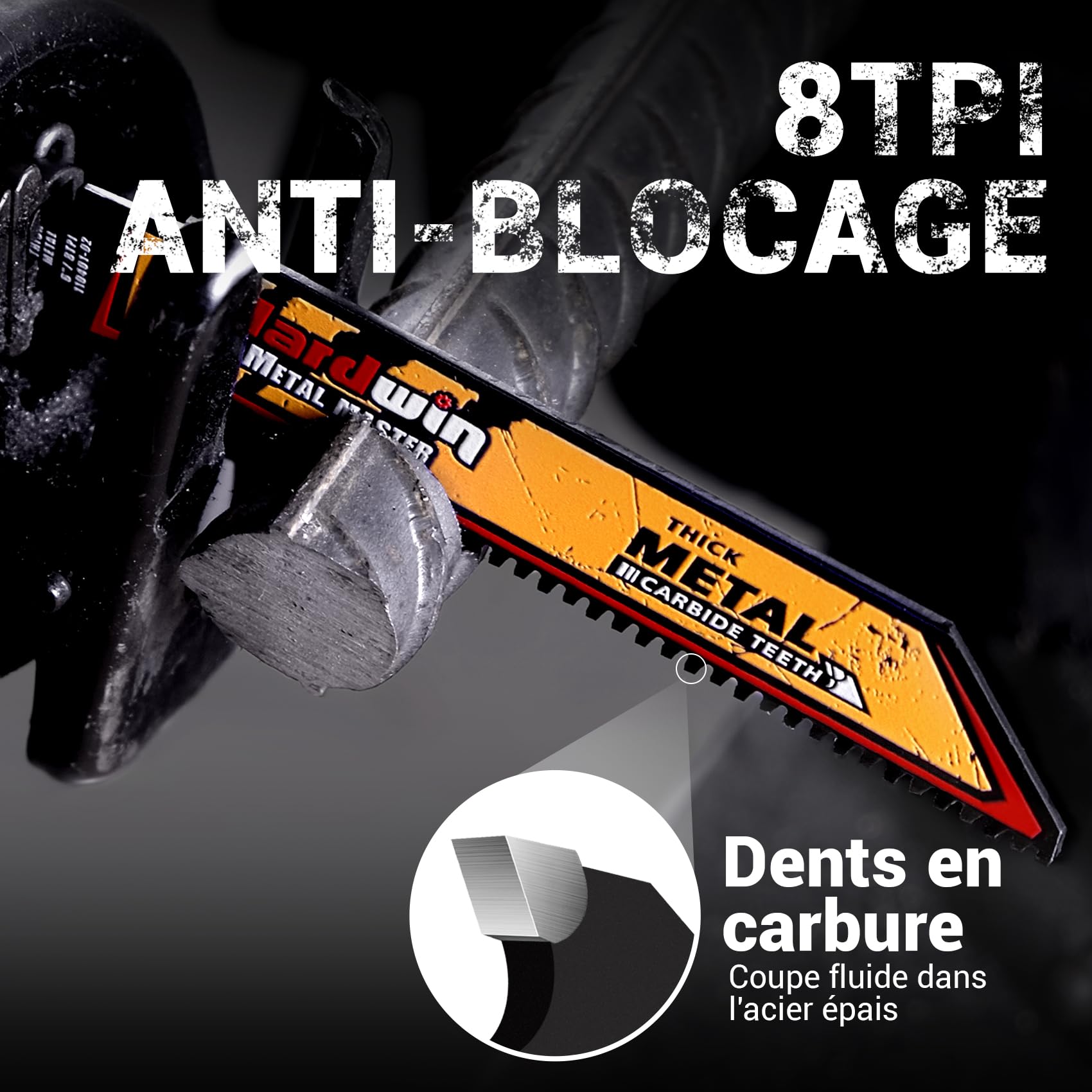 Lames pour scies sabre 150mm 8TPI Carbure Métal épais 3PCS | Lames carbure Haute Perf. Vie 30x > bimétal. Coupe fonte, inox, acier épais, fer à béton. Emmanch. 1/2" univ. Compatible.