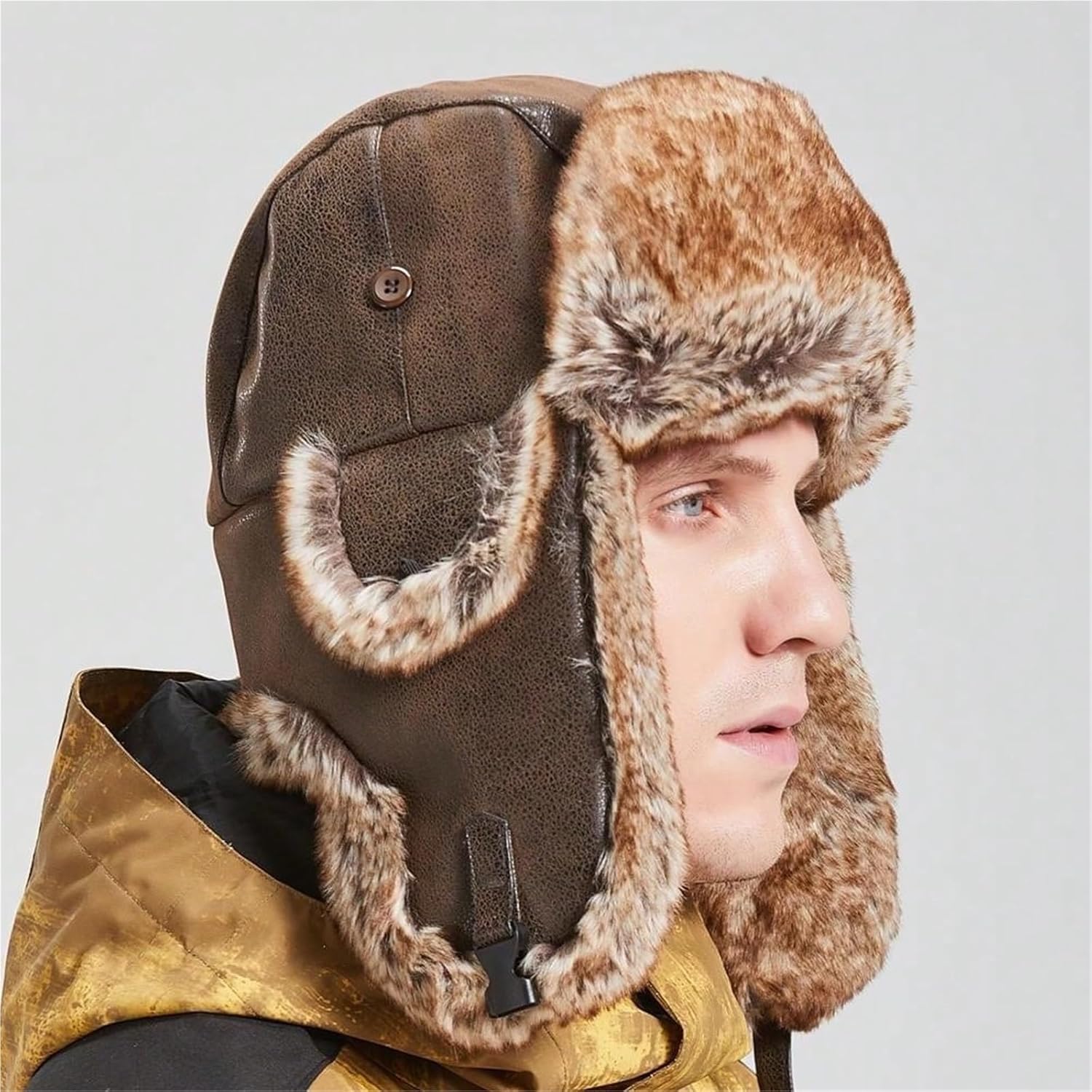 1pc Men Winter Hat with Ear Flap PU Leather Faux Fur Trapper Cap Snow Hunting Skiing for Winter Warmth