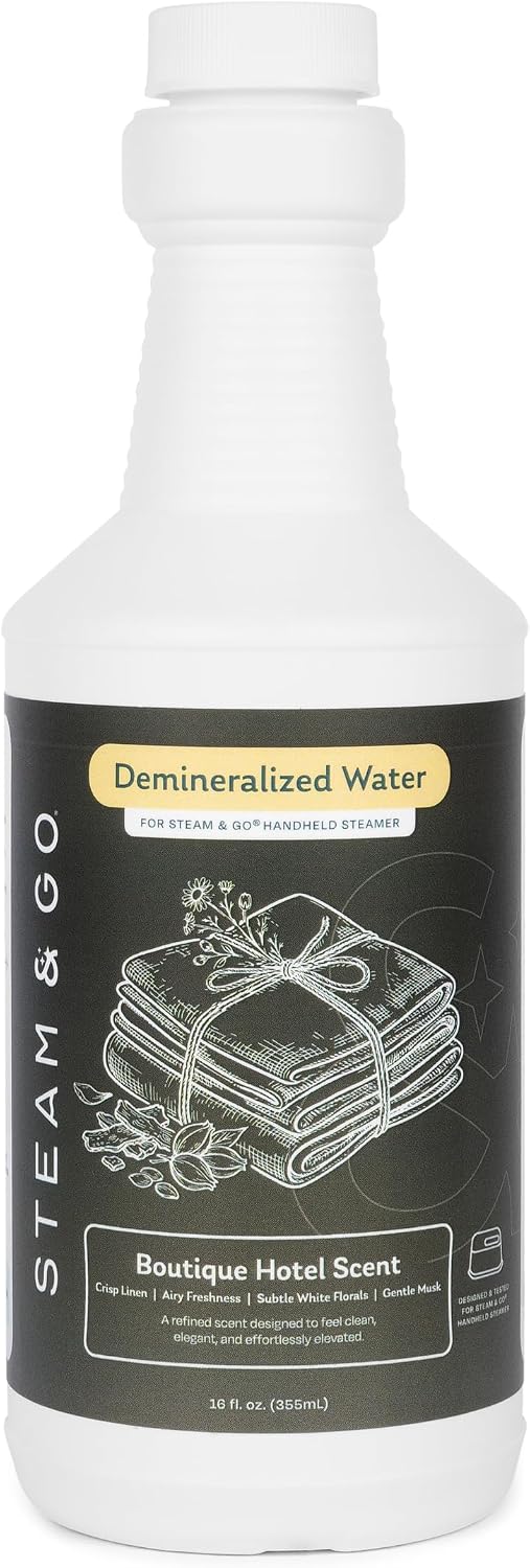 Steam & Go Demineralized Water for Handheld Garment Steamers, Boutique Hotel Scent, Mineral-Free Formula to Help Prevent Buildup & Support Steam Performance, 16 Fl Oz