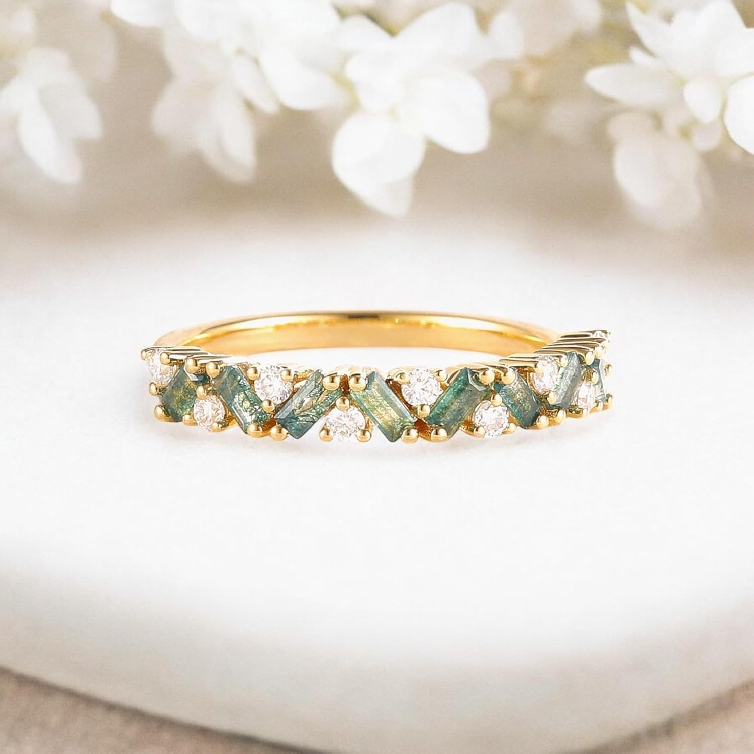 Natural Moss Agate Women's Ring Diamond Stacking Wedding Band Baguette & Round Cut Gemstone Ring Engagement Gift For Love