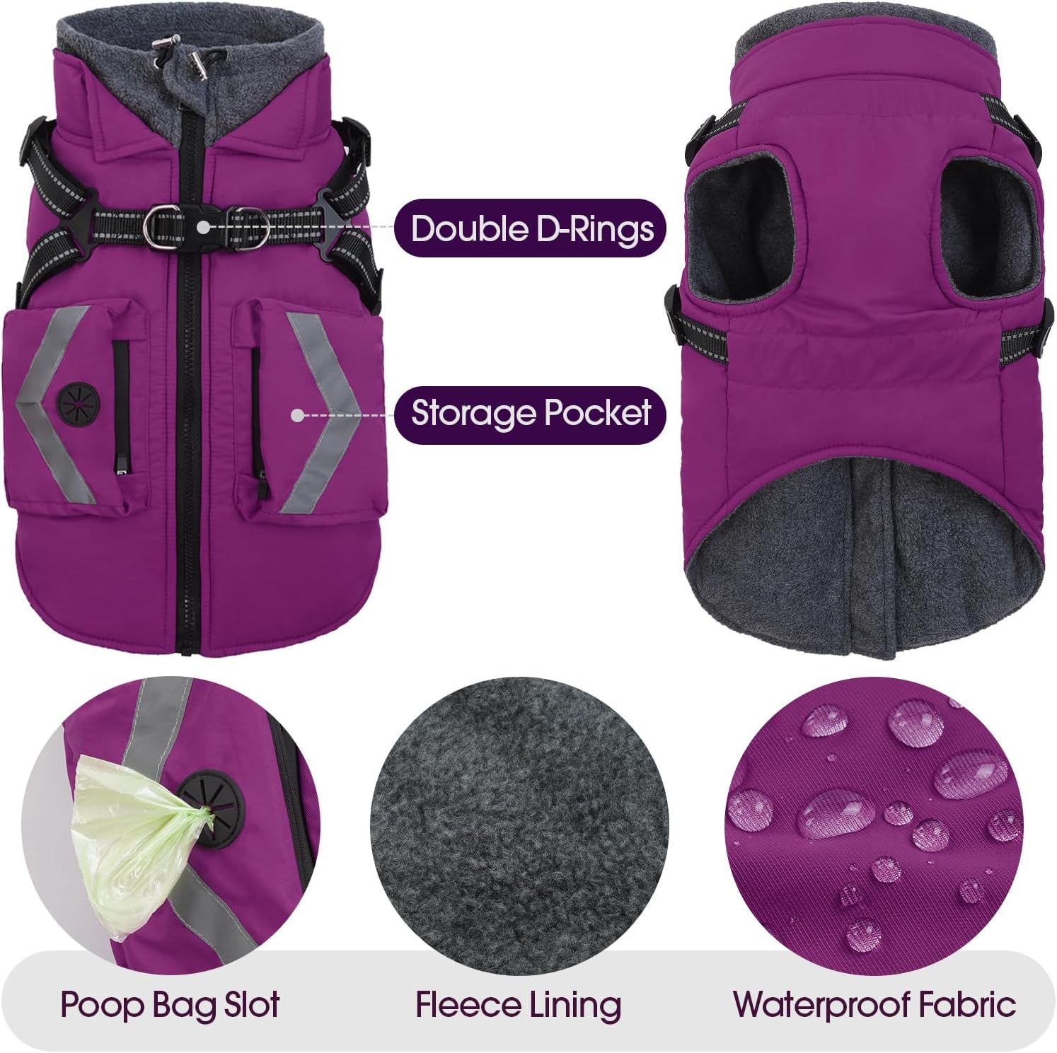 FUAMEY Winter Dog Vest Coat with Harness, Small Dogs Jacket with Pop Bag Pockets, Reflective Puppy Warm Clothes Back Zipper, Fleece Lined Dog Outfits Cold Weather Snow, Boston Terrier (Violet, S)
