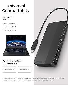 Lenovo USB-C Dual Display Travel Dock w/ 100W Power Adapter - 7 Ports, Integrated USB-C Cable, Universal Compatibility, Dual Displays at 4K - Black
