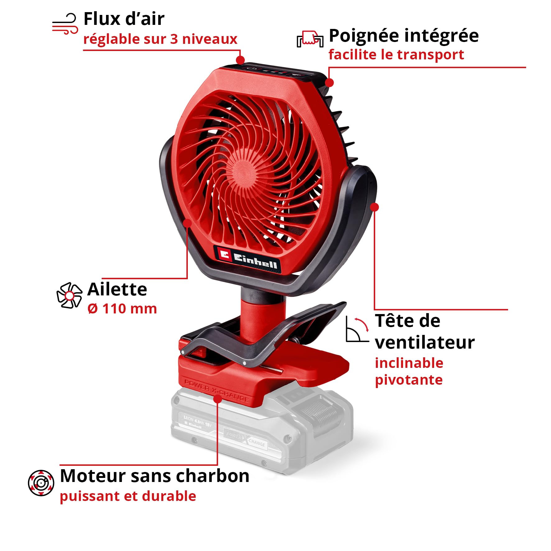 Einhell Ventilateur sans fil GC-CF 18/110 Li-Solo Power X-Change (18 V, moteur sans charbon, 3 niveaux de vitesse, réglable en continu, possibilités de fixation multiples, vendu sans batterie)