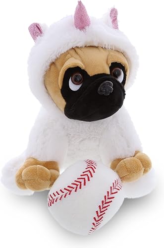 DolliBu Peluche de unicornio de perro Pug con peluche de béisbol, unicornio de felpa suave para abrazar, juguete de peluche para jugar, lindo regalo