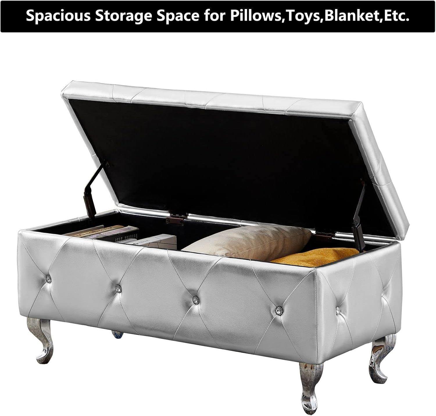 Betoko PU Storage Bench End of Bed 38.9" Faux Leather Bedroom Ottoman Bench with Storage Button Tufted Window Seating Benches Upholstered Rectangle Footrest Stool for Living Room Entryway (Silver pu)