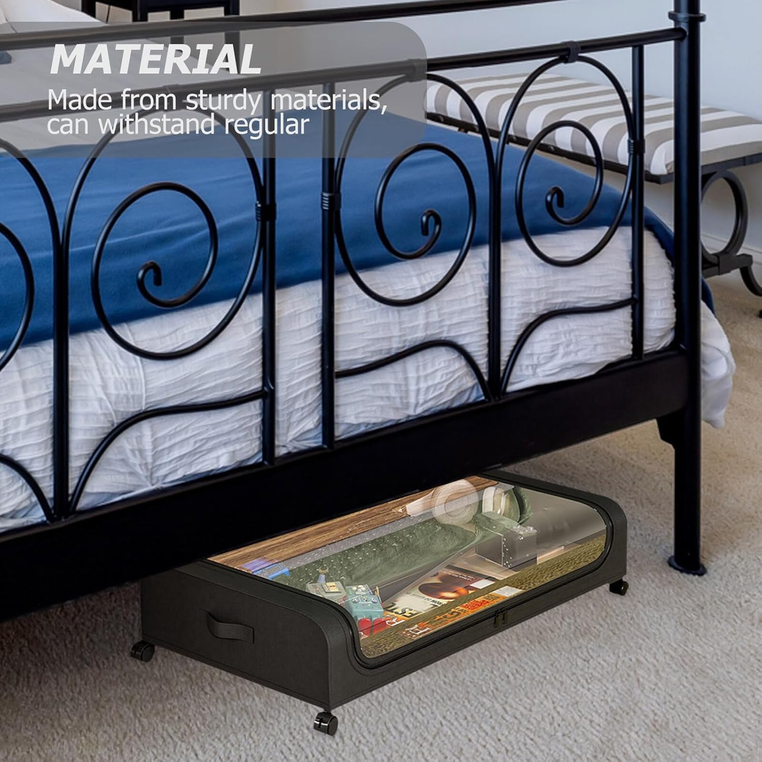 Bed Storage Container with Wheels, Rolling Underbed Storage Drawer Organizer for Clothes, Shoes, Black Metal Frame with Fabric Base Suitable for Bedroom and Dormitory