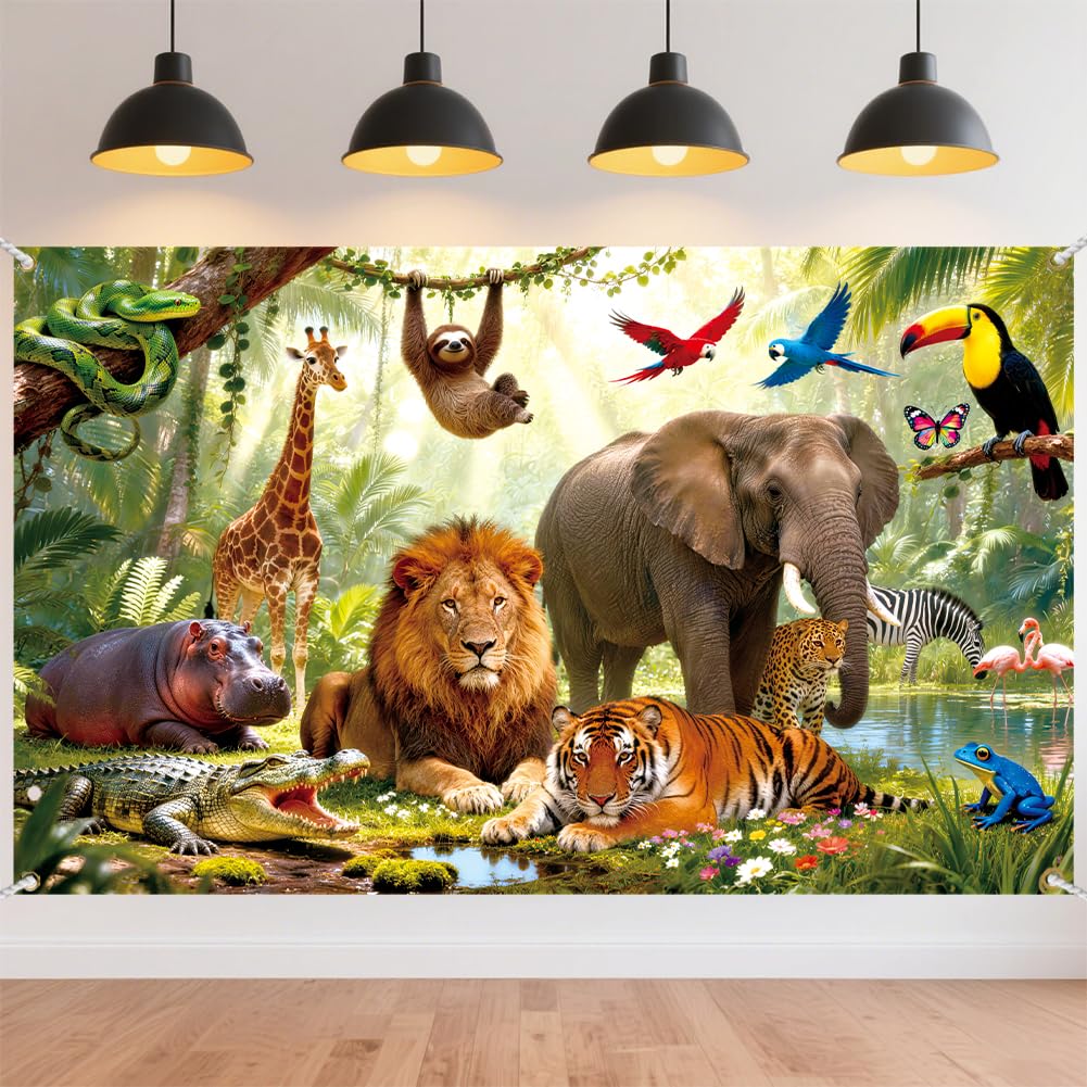 CRAFTYMELODY Jungle Safari Animal Banner 72×44 Inch Tropical Wildlife Party Backdrop Decoraiton Jungle Themed Wall Banner Indoor Outdoor with Grommets 3.2 Yard String for Birthday Zoo Photo Booth
