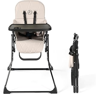 Ickle Bubba Flip Magic Fold Highchair (Pearl Grey) – Suitable from Sitting Up to 15kg, 5-Point Safety Harness, Removable Tray, Quick One-Hand Fold, Compact Slimline Design for Easy Storage